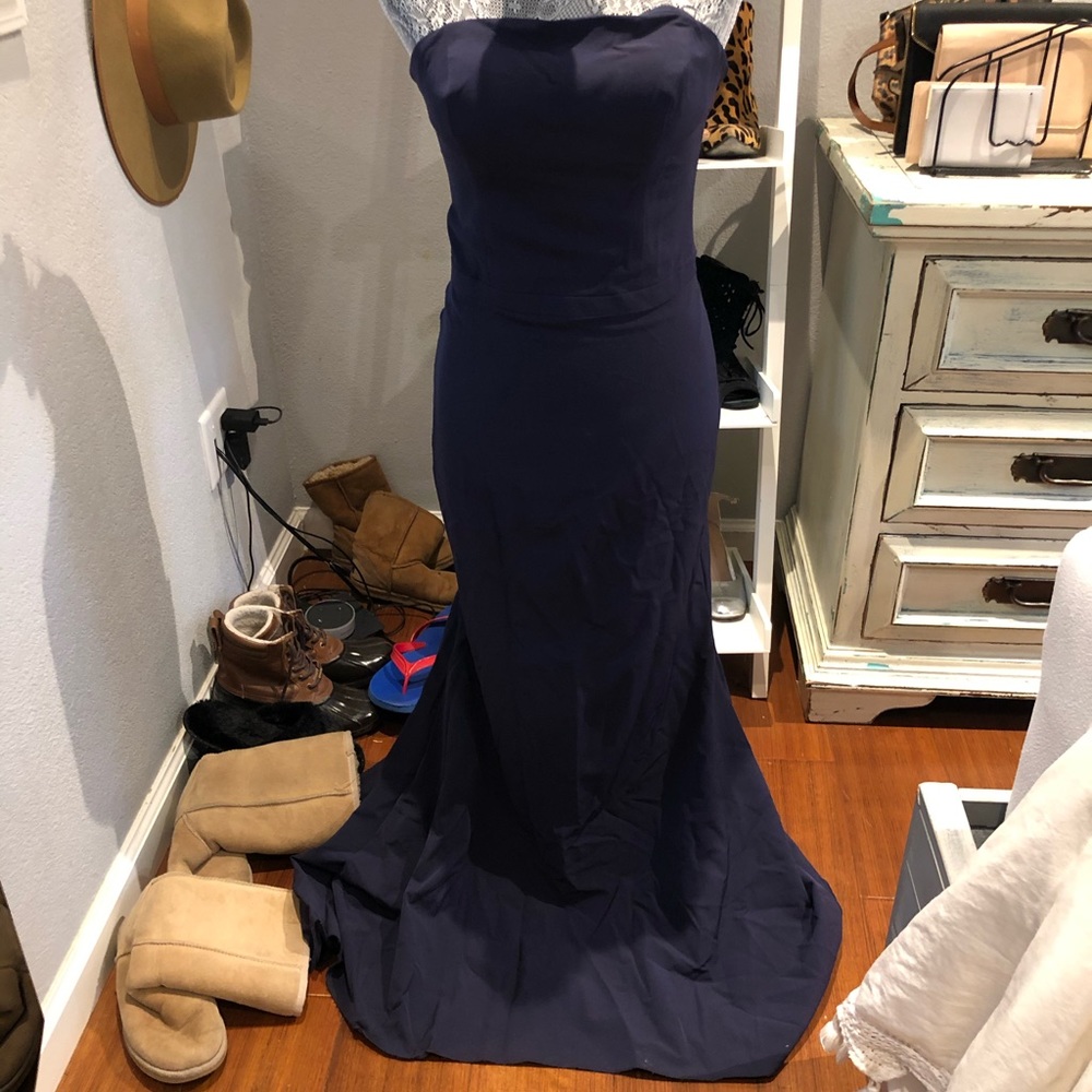 navy dress mermaid with train